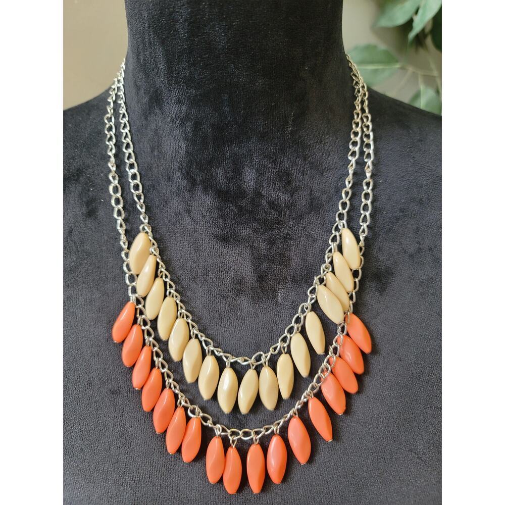 Women's Beaded Tiered Necklace with Beige and Coral Teardrop Beads Lobster Clasp